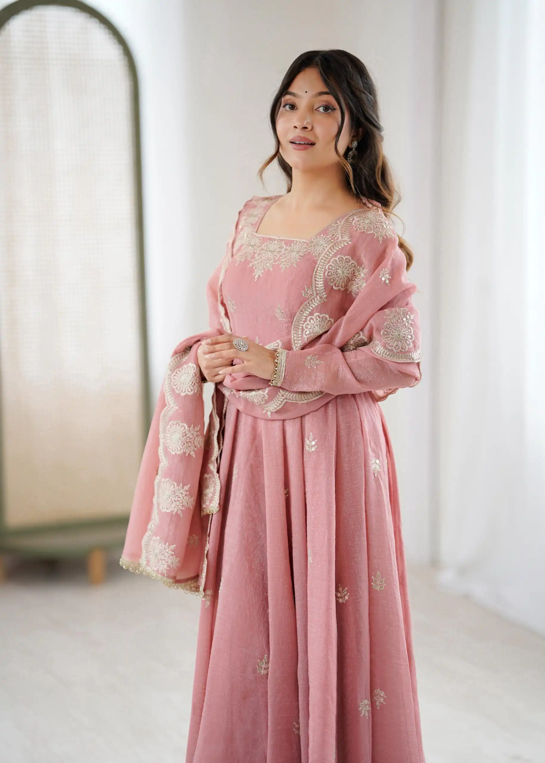 ZF 5011 Onion Crunchy Silk Gown with Embroidery Work. Wedding, Party, Festive, Events Best Price ₹2099. Delivery 4-6 Working Days. Shop now. | Bollywood Gowns, Creative Gowns, Designer Gowns, Embroidered Gowns, Gowns, Party Wear Gowns
