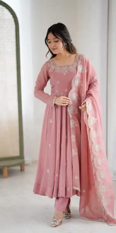 ZF 5011 Onion Crunchy Silk Gown with Embroidery Work. Wedding, Party, Festive, Events Best Price ₹2099. Delivery 4-6 Working Days. Shop now. | Bollywood Gowns, Creative Gowns, Designer Gowns, Embroidered Gowns, Gowns, Party Wear Gowns