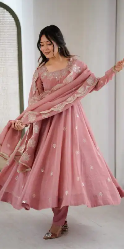 ZF 5011 Onion Crunchy Silk Gown with Embroidery Work. Wedding, Party, Festive, Events Best Price ₹2099. Delivery 4-6 Working Days. Shop now. | Bollywood Gowns, Creative Gowns, Designer Gowns, Embroidered Gowns, Gowns, Party Wear Gowns