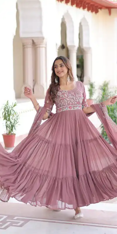 KA 1213 Onion Faux Blooming Gown with Embroidery Work & Sequins Work. Best Price ₹2449. Delivery 4-6 Working Days. Shop now. | Bollywood Gowns, Creative Gowns, Designer Gowns, Embroidered Gowns, Gowns, Party Wear Gowns