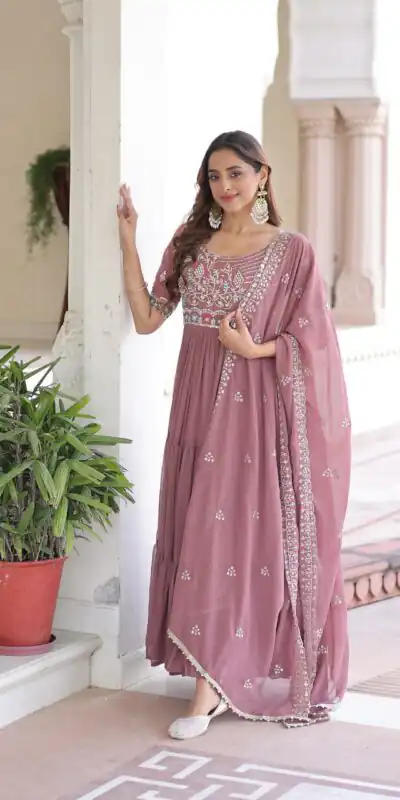 KA 1213 Onion Faux Blooming Gown with Embroidery Work & Sequins Work. Best Price ₹2449. Delivery 4-6 Working Days. Shop now. | Bollywood Gowns, Creative Gowns, Designer Gowns, Embroidered Gowns, Gowns, Party Wear Gowns