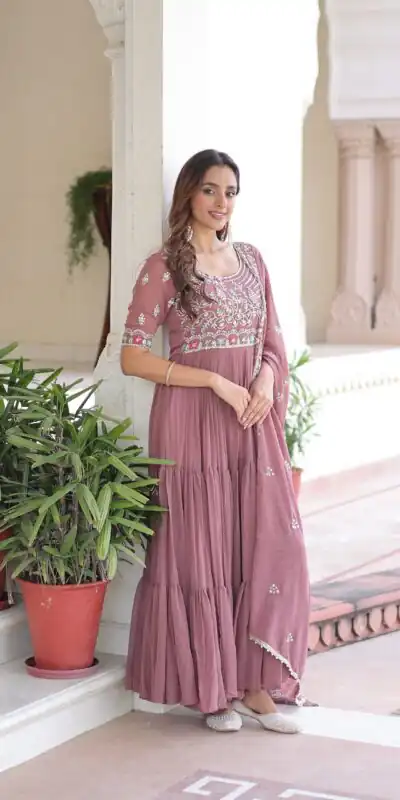 KA 1213 Onion Faux Blooming Gown with Embroidery Work & Sequins Work. Best Price ₹2449. Delivery 4-6 Working Days. Shop now. | Bollywood Gowns, Creative Gowns, Designer Gowns, Embroidered Gowns, Gowns, Party Wear Gowns