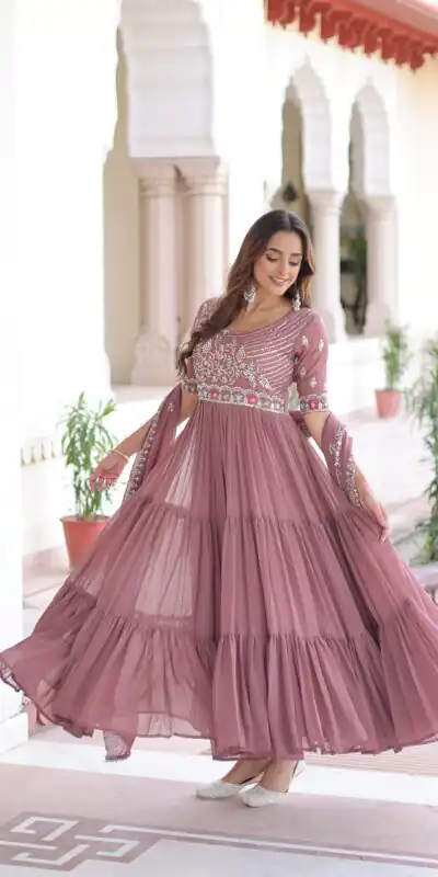 KA 1213 Onion Faux Blooming Gown with Embroidery Work & Sequins Work. Best Price ₹2449. Delivery 4-6 Working Days. Shop now. | Bollywood Gowns, Creative Gowns, Designer Gowns, Embroidered Gowns, Gowns, Party Wear Gowns