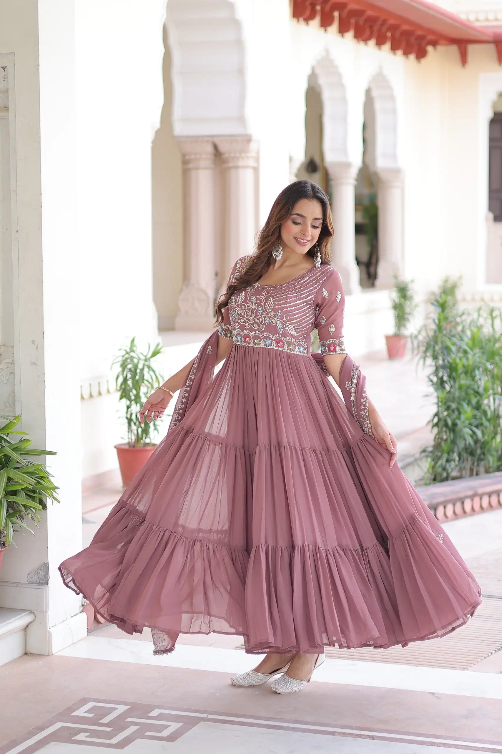 KA 1213 Onion Faux Blooming Gown with Embroidery Work & Sequins Work. Best Price ₹2449. Delivery 4-6 Working Days. Shop now. | Bollywood Gowns, Creative Gowns, Designer Gowns, Embroidered Gowns, Gowns, Party Wear Gowns