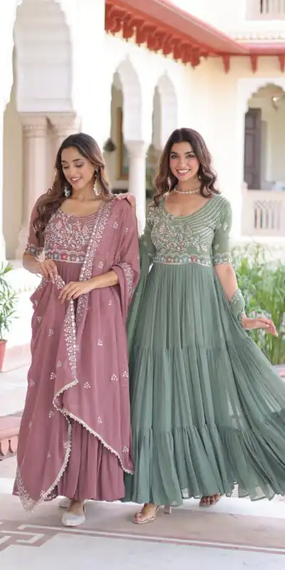KA 1213 Onion Faux Blooming Gown with Embroidery Work & Sequins Work. Best Price ₹2449. Delivery 4-6 Working Days. Shop now. | Bollywood Gowns, Creative Gowns, Designer Gowns, Embroidered Gowns, Gowns, Party Wear Gowns