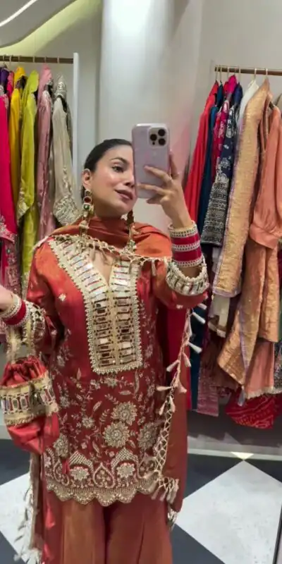 BE 435 Orange in Cos Mos Mirror Work & Embroidery Work Salwar Suit s. Available at ₹2399 only. Delivery 4-6 Working Days. Shop now. | Casual Suits, Jump Suits, Tops & Bottoms, Track Suits, Trendy Wear, Creative suits, Designer Suits, Palazzo Suits, Party Wear Suits, Patiala Suits, Salwar suit, Straight Suits