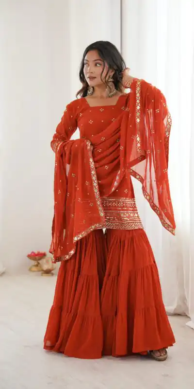 SRK 5317 Orange Georgette Salwar Suit with Embroidery Work. Wedding, Party, Festive Best Price ₹2399. Delivery 4-6 Working Days. Shop now. | Casual Suits, Jump Suits, Tops & Bottoms, Track Suits, Trendy Wear, Creative suits, Designer Suits, Palazzo Suits, Party Wear Suits, Patiala Suits, Salwar suit, Straight Suits