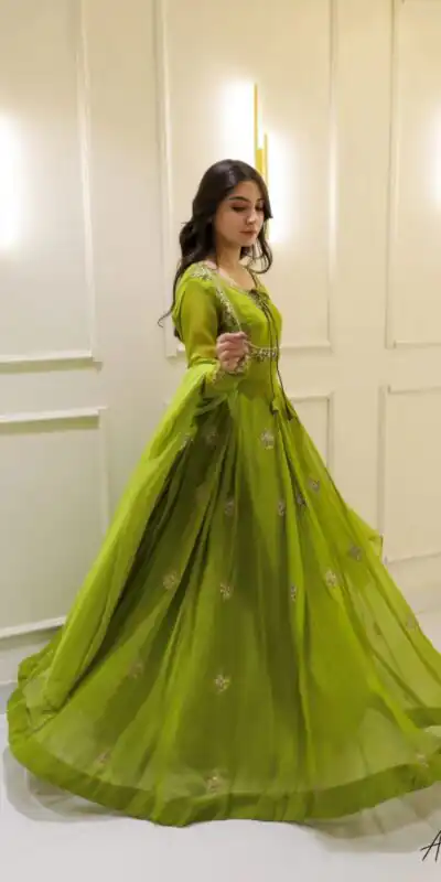 LG 2047 Parrot Green in Color Georgette Embroidery Work Gown . Wedding, Party, Festive, Events Grab it for ₹1949. Delivery 4-6 Working Days. Shop now. | Bollywood Gowns, Creative Gowns, Designer Gowns, Embroidered Gowns, Gowns, Party Wear Gowns