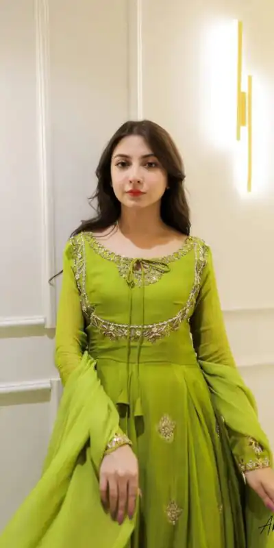 LG 2047 Parrot Green in Color Georgette Embroidery Work Gown . Wedding, Party, Festive, Events Grab it for ₹1949. Delivery 4-6 Working Days. Shop now. | Bollywood Gowns, Creative Gowns, Designer Gowns, Embroidered Gowns, Gowns, Party Wear Gowns