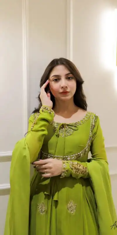 LG 2047 Parrot Green in Color Georgette Embroidery Work Gown . Wedding, Party, Festive, Events Grab it for ₹1949. Delivery 4-6 Working Days. Shop now. | Bollywood Gowns, Creative Gowns, Designer Gowns, Embroidered Gowns, Gowns, Party Wear Gowns