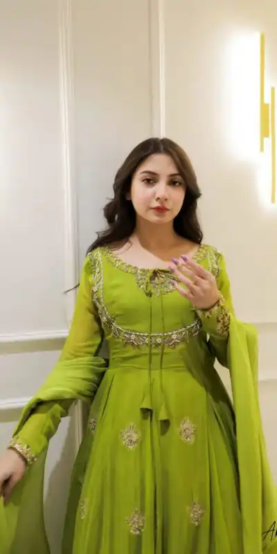 LG 2047 Parrot Green in Color Georgette Embroidery Work Gown . Wedding, Party, Festive, Events Grab it for ₹1949. Delivery 4-6 Working Days. Shop now. | Bollywood Gowns, Creative Gowns, Designer Gowns, Embroidered Gowns, Gowns, Party Wear Gowns