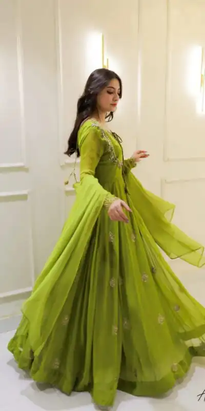 LG 2047 Parrot Green in Color Georgette Embroidery Work Gown . Wedding, Party, Festive, Events Grab it for ₹1949. Delivery 4-6 Working Days. Shop now. | Bollywood Gowns, Creative Gowns, Designer Gowns, Embroidered Gowns, Gowns, Party Wear Gowns