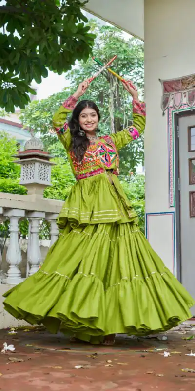 Ram 120 Parrot Green in Pure Cotton Mirror Work & Gamthi Work Lehenga Choli . Exclusive Offer ₹3049. Delivery 4-6 Working Days. Shop now. | Bollywood Lehenga, Creative Lehenga, Designer Lehenga, Embroidered Lehenga, Lehenga, Party Wear Lehenga