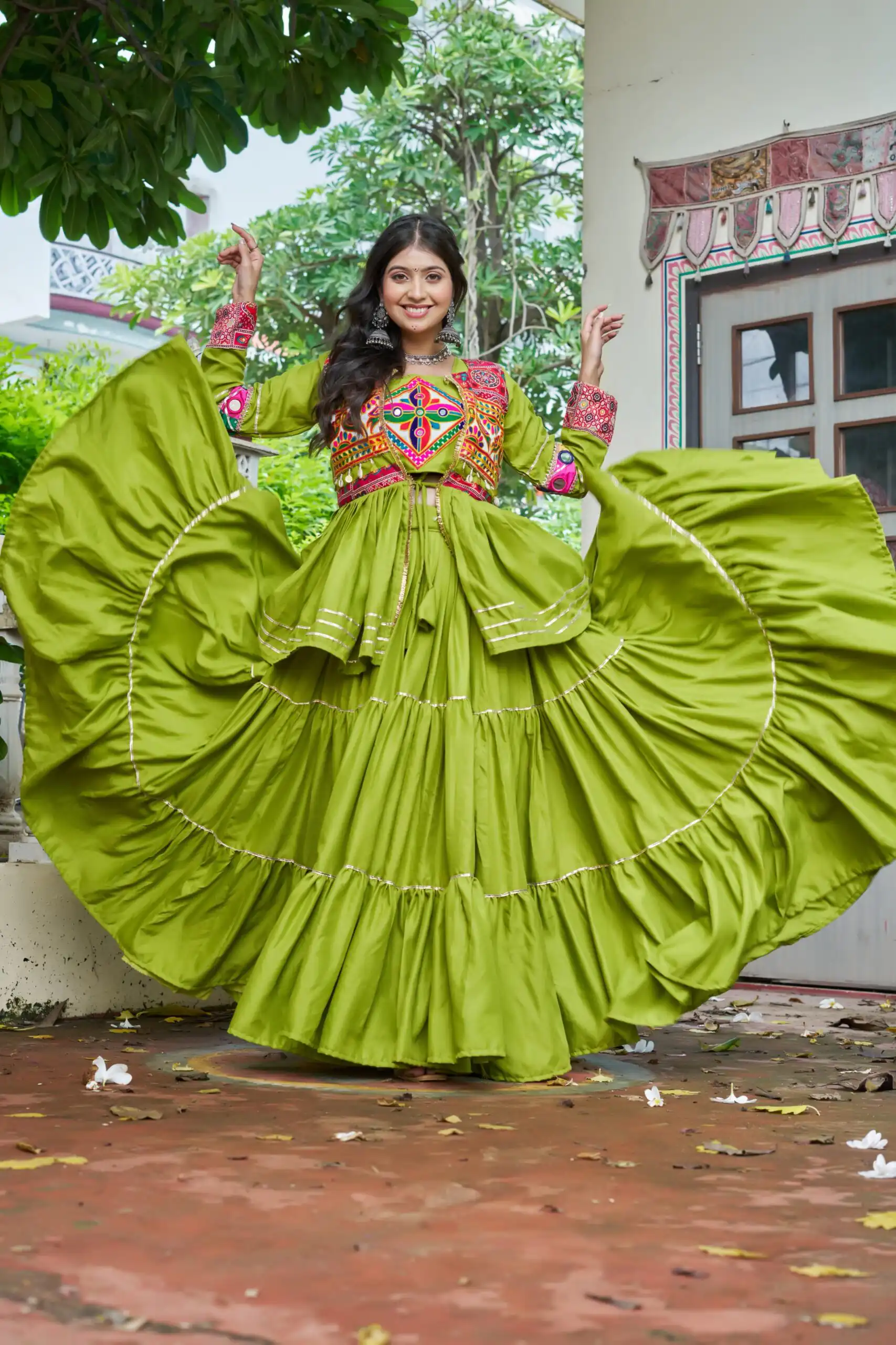 Ram 120 Parrot Green in Pure Cotton Mirror Work & Gamthi Work Lehenga Choli . Exclusive Offer ₹3049. Delivery 4-6 Working Days. Shop now. | Bollywood Lehenga, Creative Lehenga, Designer Lehenga, Embroidered Lehenga, Lehenga, Party Wear Lehenga