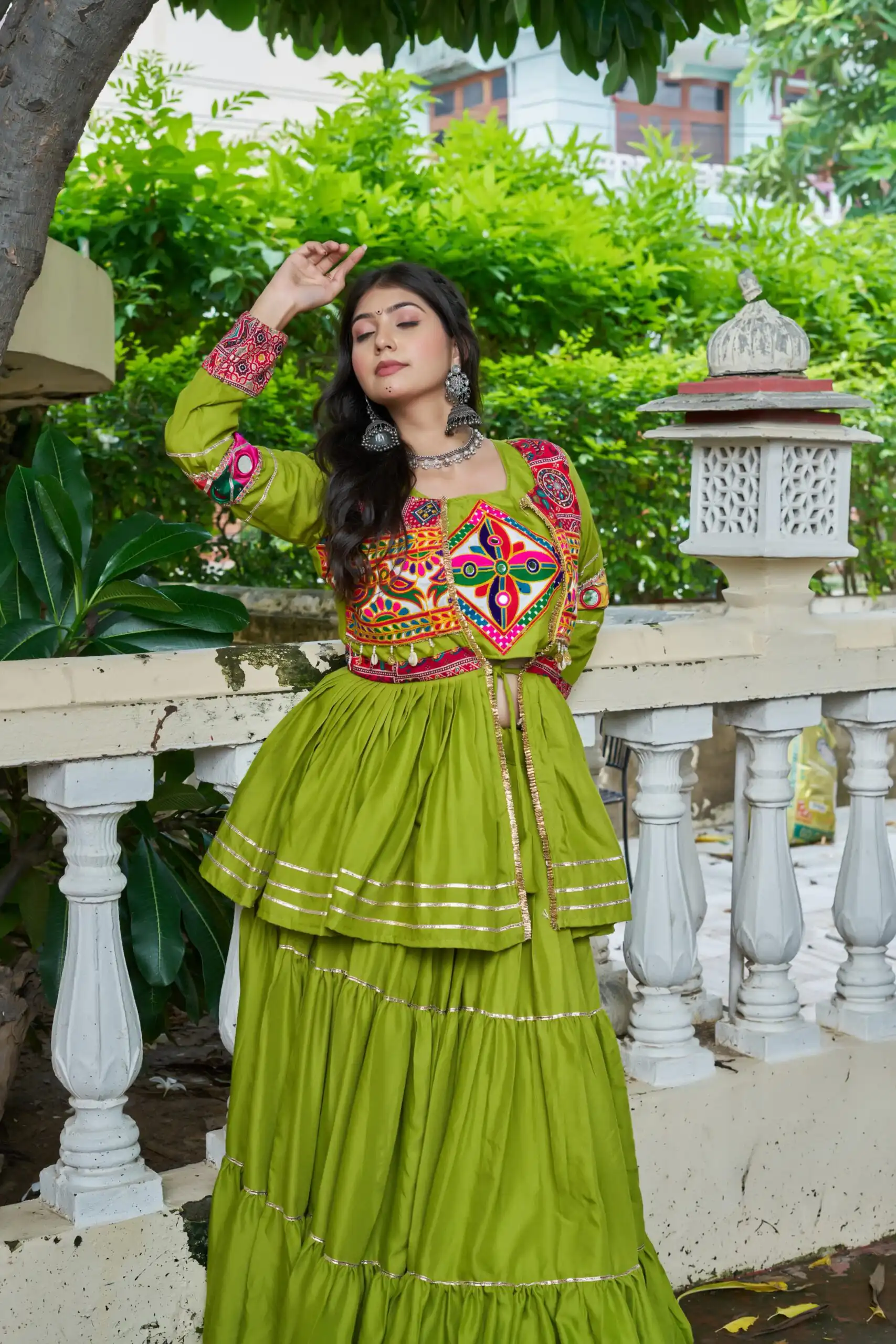 Ram 120 Parrot Green in Pure Cotton Mirror Work & Gamthi Work Lehenga Choli . Exclusive Offer ₹3049. Delivery 4-6 Working Days. Shop now. | Bollywood Lehenga, Creative Lehenga, Designer Lehenga, Embroidered Lehenga, Lehenga, Party Wear Lehenga