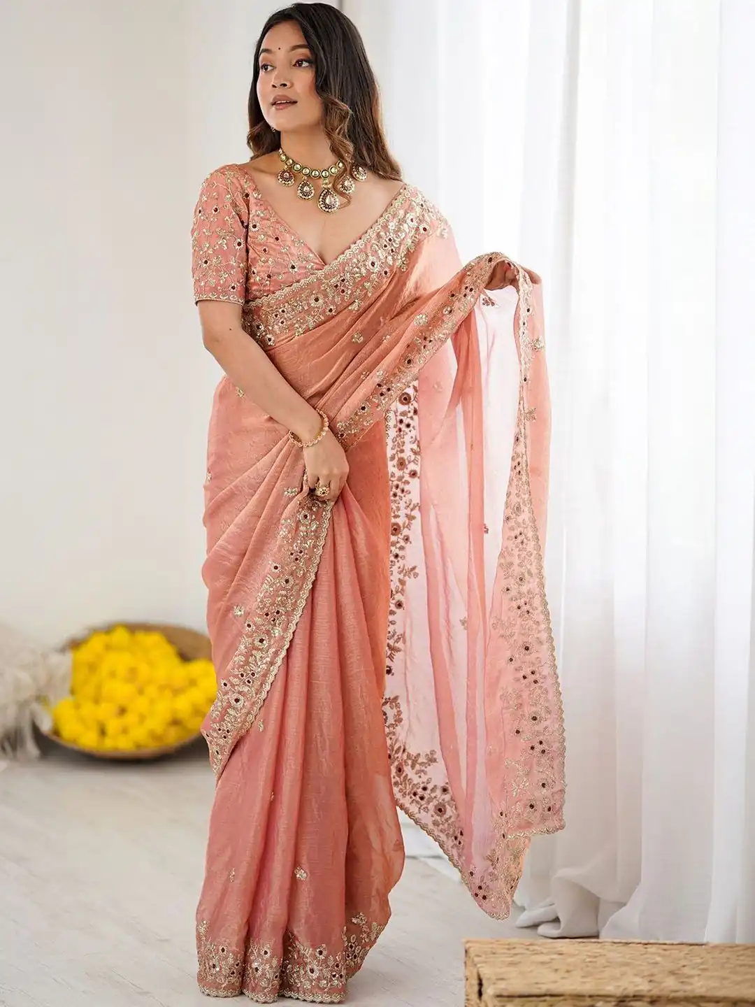 JR 645 Peach Fandy chiffon Saree Perfect for Wedding, Party, Housewarming, Durga Puja, Traditional Day – . Special Price ₹1949. Delivery 4-6 Working Day | Creative Sarees, Embroidered Sarees, Bollywood Sarees, Designer Sarees, Ethnic Saree, Modern Digital sarees, Party Wear Sarees, Sarees