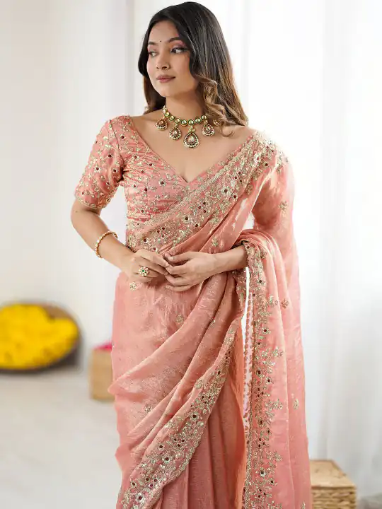 JR 645 Peach Fandy chiffon Saree Perfect for Wedding, Party, Housewarming, Durga Puja, Traditional Day – . Special Price ₹1949. Delivery 4-6 Working Day | Creative Sarees, Embroidered Sarees, Bollywood Sarees, Designer Sarees, Ethnic Saree, Modern Digital sarees, Party Wear Sarees, Sarees