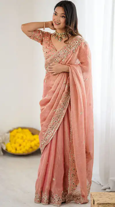 JR 645 Peach Fandy chiffon Saree Perfect for Wedding, Party, Housewarming, Durga Puja, Traditional Day – . Special Price ₹1949. Delivery 4-6 Working Day | Creative Sarees, Embroidered Sarees, Bollywood Sarees, Designer Sarees, Ethnic Saree, Modern Digital sarees, Party Wear Sarees, Sarees