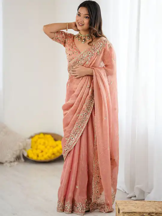JR 645 Peach Fandy chiffon Saree Perfect for Wedding, Party, Housewarming, Durga Puja, Traditional Day – . Special Price ₹1949. Delivery 4-6 Working Day | Creative Sarees, Embroidered Sarees, Bollywood Sarees, Designer Sarees, Ethnic Saree, Modern Digital sarees, Party Wear Sarees, Sarees
