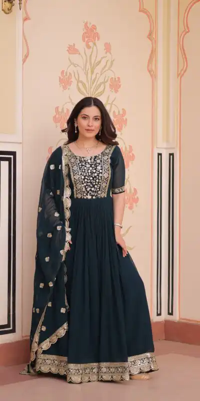 KA 1177 Peacock Blue in Faux Blooming Embroidery Work & Zari Work Gown . Special Price ₹2049. Delivery 4-6 Working Days. Shop now. | Bollywood Gowns, Creative Gowns, Designer Gowns, Embroidered Gowns, Gowns, Party Wear Gowns