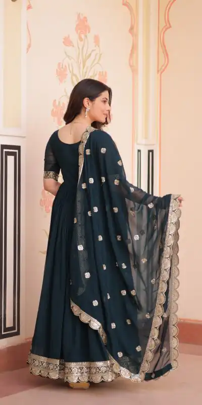 KA 1177 Peacock Blue in Faux Blooming Embroidery Work & Zari Work Gown . Special Price ₹2049. Delivery 4-6 Working Days. Shop now. | Bollywood Gowns, Creative Gowns, Designer Gowns, Embroidered Gowns, Gowns, Party Wear Gowns