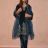 Peacock Blue Viscose Velvet Intricate Thread Salwar Suit