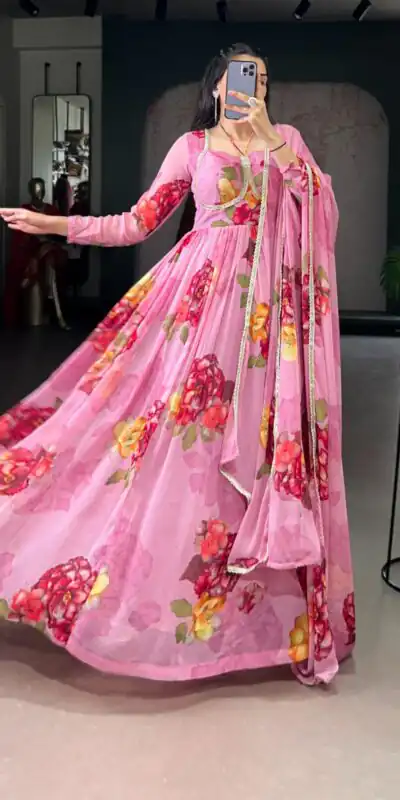 YNF 5103 Pink Lace Work Gown in Chiffon. Get it for ₹1899. Wedding, Party, Festive, Events Delivery 4-6 Working Days. Shop now. | Bollywood Gowns, Creative Gowns, Designer Gowns, Embroidered Gowns, Gowns, Party Wear Gowns