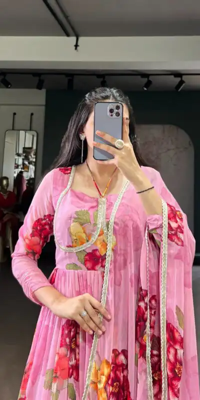 YNF 5103 Pink Lace Work Gown in Chiffon. Get it for ₹1899. Wedding, Party, Festive, Events Delivery 4-6 Working Days. Shop now. | Bollywood Gowns, Creative Gowns, Designer Gowns, Embroidered Gowns, Gowns, Party Wear Gowns