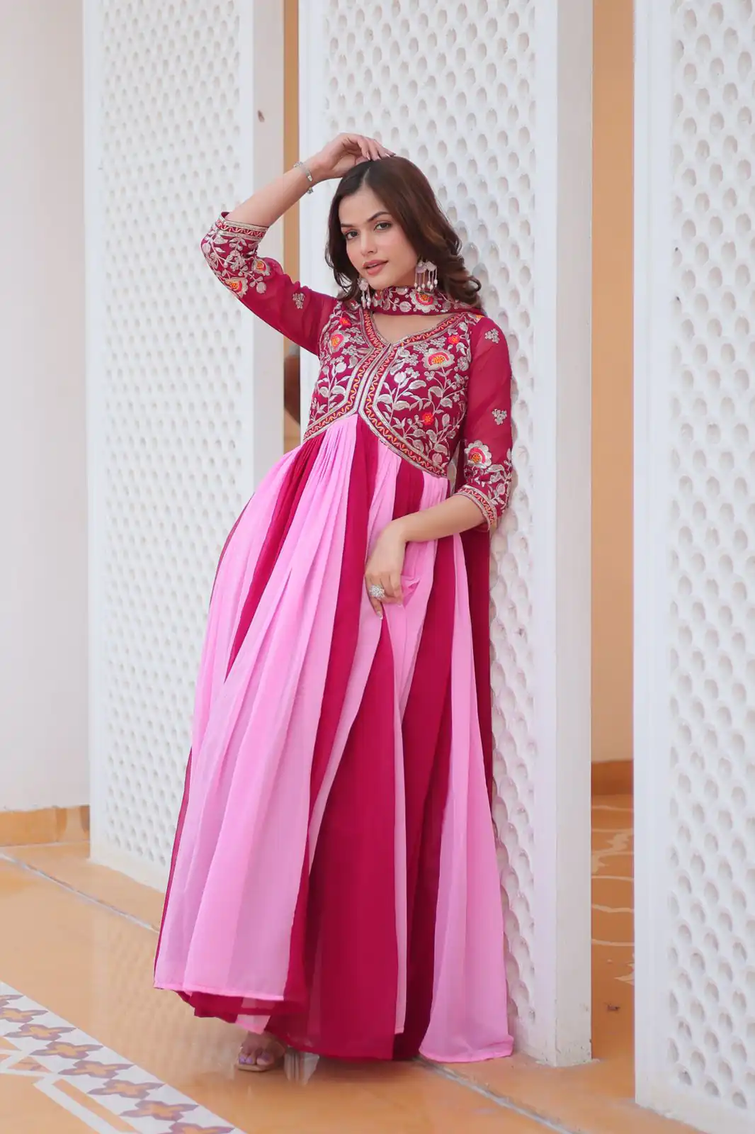 Ram 079 Pink Fox Georgette Gown Perfect for Wedding, Party, Eid, Temple Visit, Pongal – . Best Price ₹2049. Delivery 4-6 Working Days. Shop now. | Bollywood Gowns, Creative Gowns, Designer Gowns, Embroidered Gowns, Gowns, Party Wear Gowns