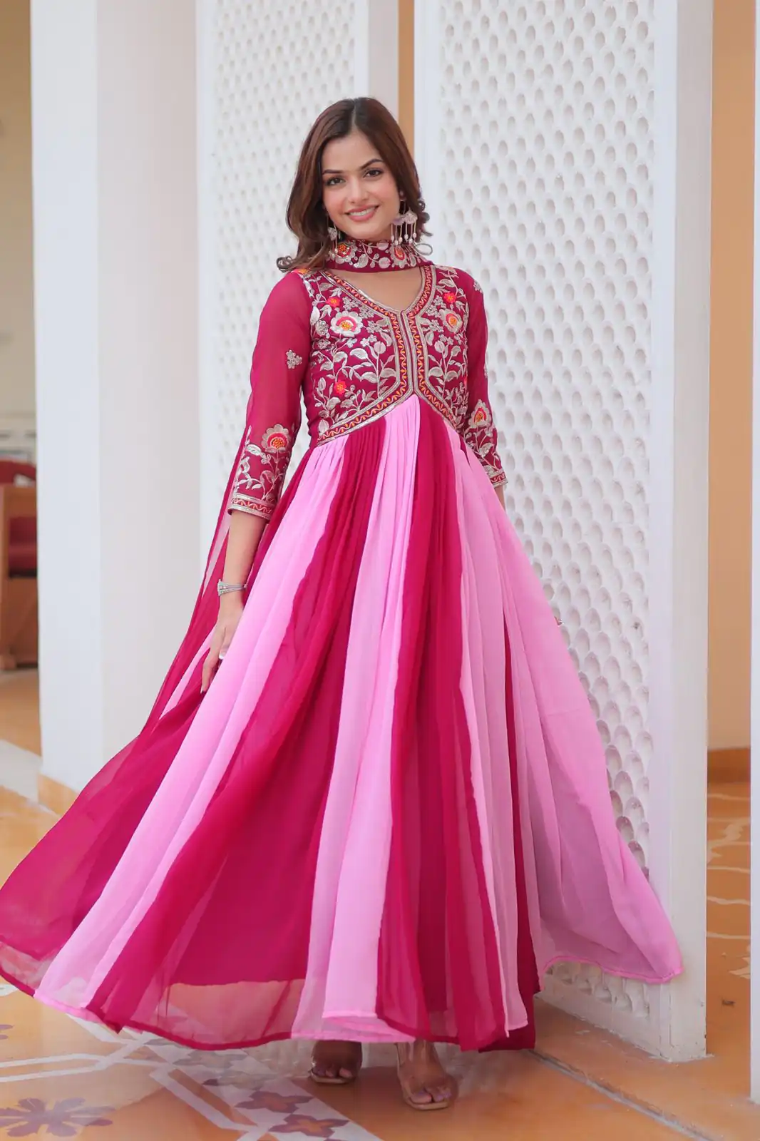 Ram 079 Pink Fox Georgette Gown Perfect for Wedding, Party, Eid, Temple Visit, Pongal – . Best Price ₹2049. Delivery 4-6 Working Days. Shop now. | Bollywood Gowns, Creative Gowns, Designer Gowns, Embroidered Gowns, Gowns, Party Wear Gowns