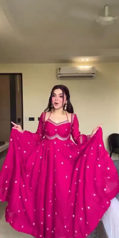 MF 1003 Pink Georgette Gown. Perfect for Wedding, Party, Pongal, Bridal Wear, Anniversary – Affordable Price ₹1799. Delivery 4-6 Working Days. Shop now. | Bollywood Gowns, Creative Gowns, Designer Gowns, Embroidered Gowns, Gowns, Party Wear Gowns