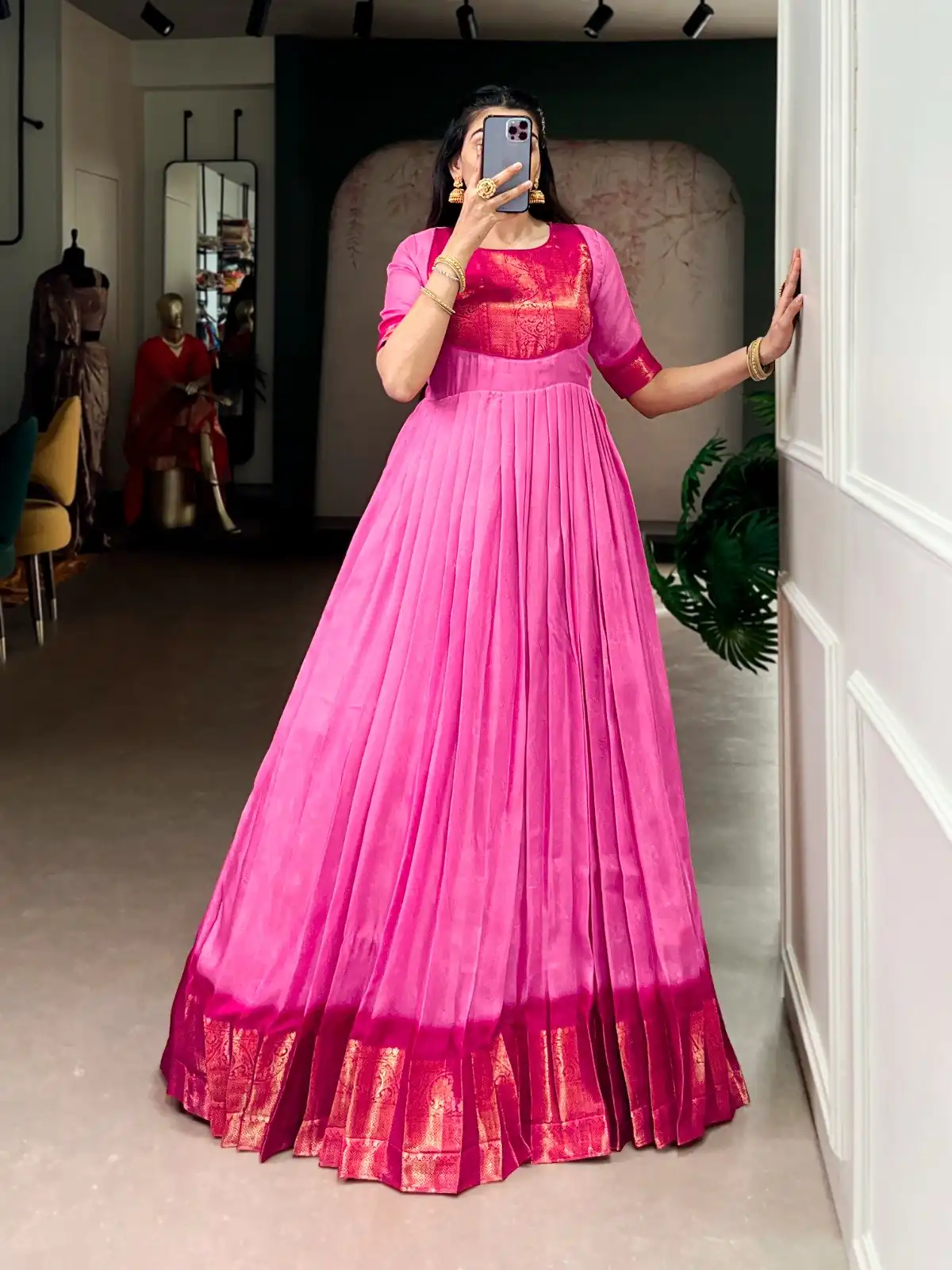 YNF 5012 Pink Mass Mello Gown with Zari Work. Available at ₹1799 only. Wedding, Party, Festive, Events Delivery 4-6 Working Days. Shop now. | Bollywood Gowns, Creative Gowns, Designer Gowns, Embroidered Gowns, Gowns, Party Wear Gowns