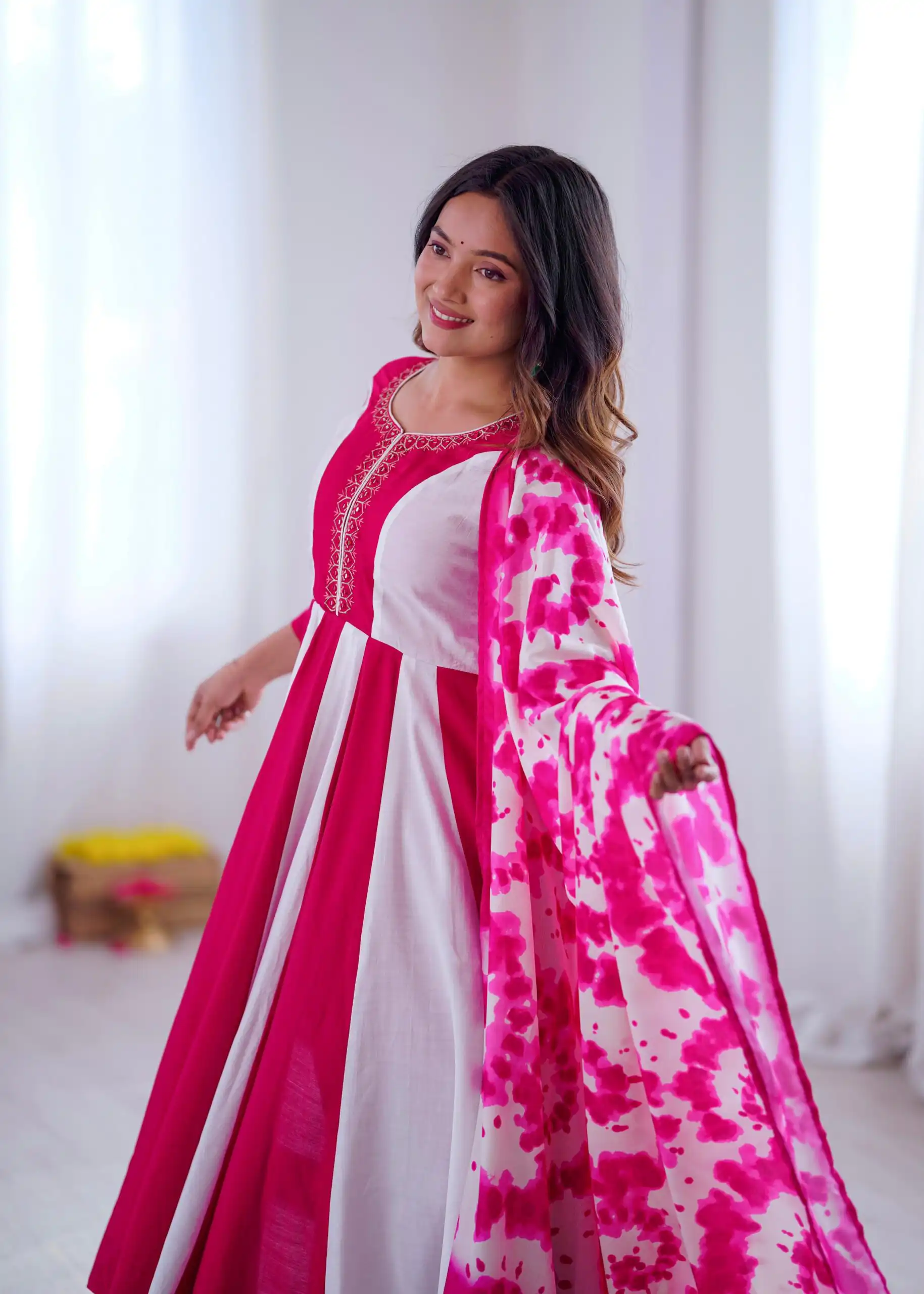 ZF 5014 Pink Roman Silk Gown with Embroidery Work & Digital Print . Exclusive Offer ₹2149. Delivery 4-6 Working Days. Shop now. | Bollywood Gowns, Creative Gowns, Designer Gowns, Embroidered Gowns, Gowns, Party Wear Gowns