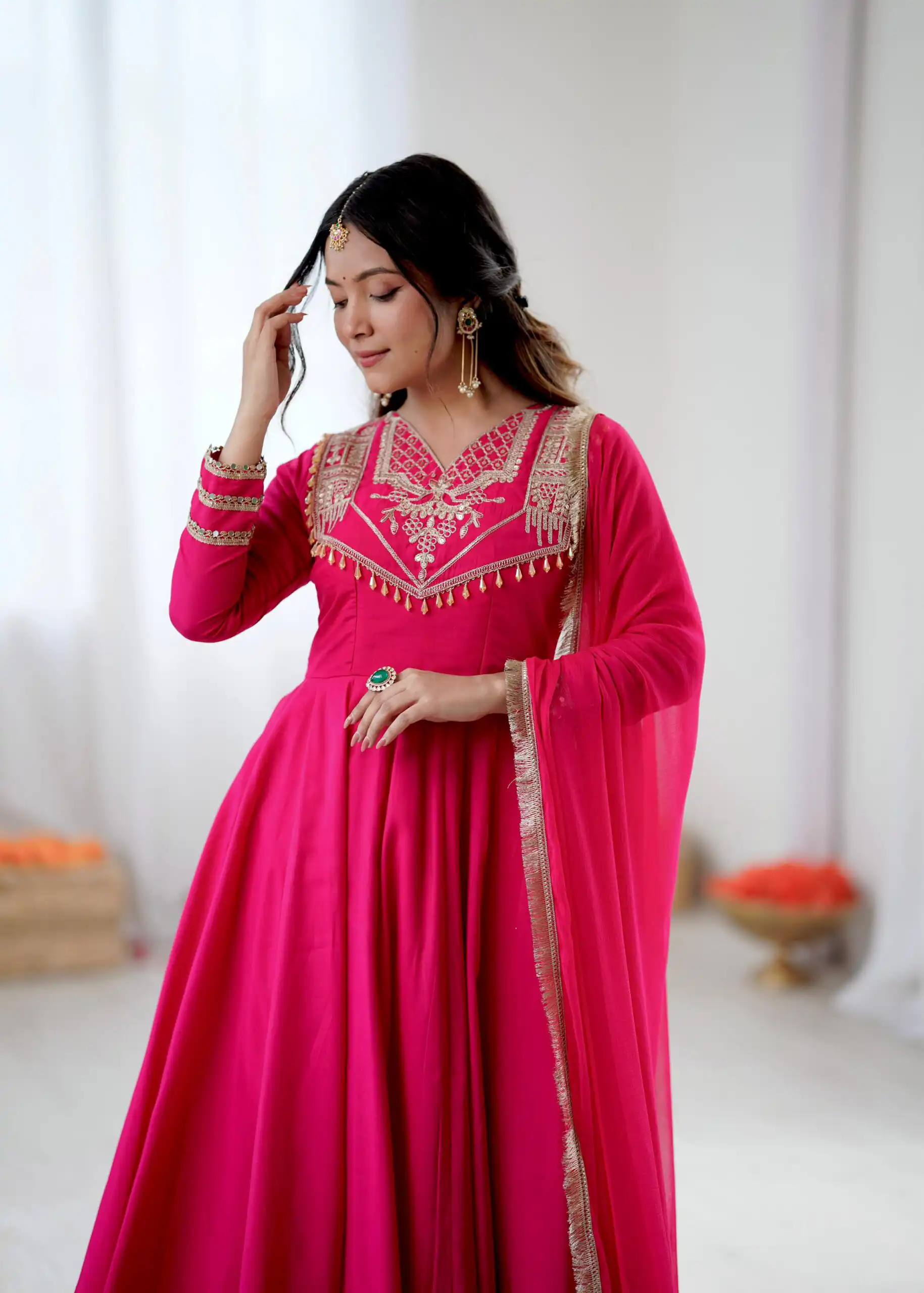 ZSR 3149 Pink Roman silk Gown Perfect for Wedding, Party, Sangeet, Haldi, Lohri – . Introductory Price ₹2099. Delivery 4-6 Working Days. Shop now. | Bollywood Gowns, Creative Gowns, Designer Gowns, Embroidered Gowns, Gowns, Party Wear Gowns