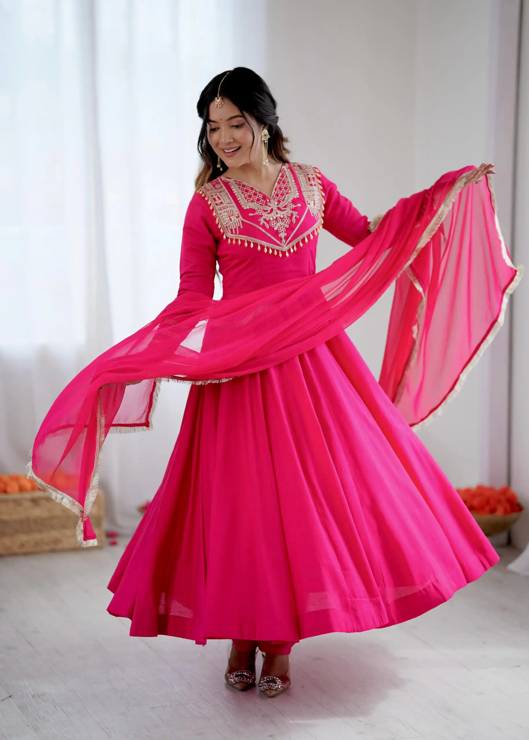 ZSR 3149 Pink Roman silk Gown Perfect for Wedding, Party, Sangeet, Haldi, Lohri – . Introductory Price ₹2099. Delivery 4-6 Working Days. Shop now. | Bollywood Gowns, Creative Gowns, Designer Gowns, Embroidered Gowns, Gowns, Party Wear Gowns