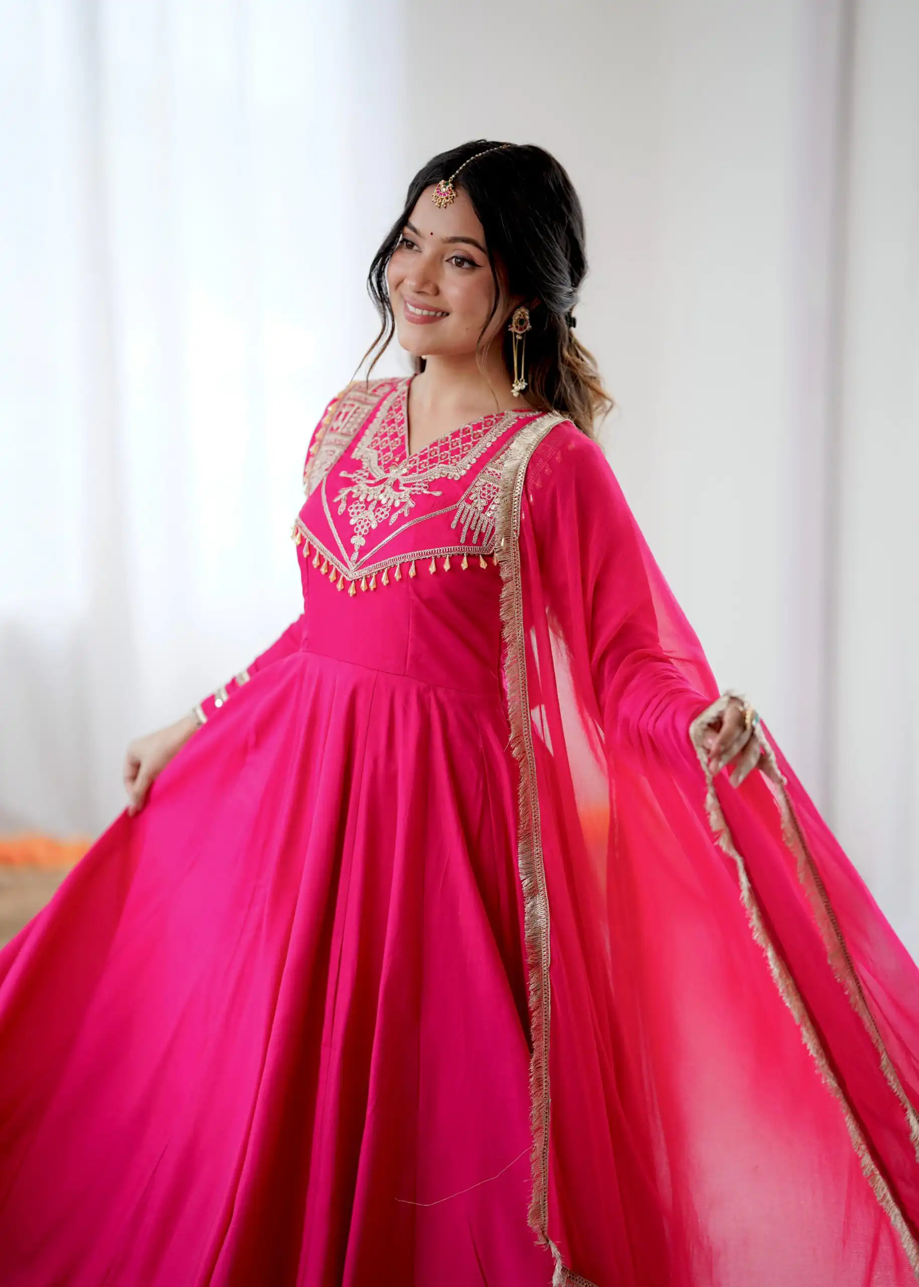 ZSR 3149 Pink Roman silk Gown Perfect for Wedding, Party, Sangeet, Haldi, Lohri – . Introductory Price ₹2099. Delivery 4-6 Working Days. Shop now. | Bollywood Gowns, Creative Gowns, Designer Gowns, Embroidered Gowns, Gowns, Party Wear Gowns