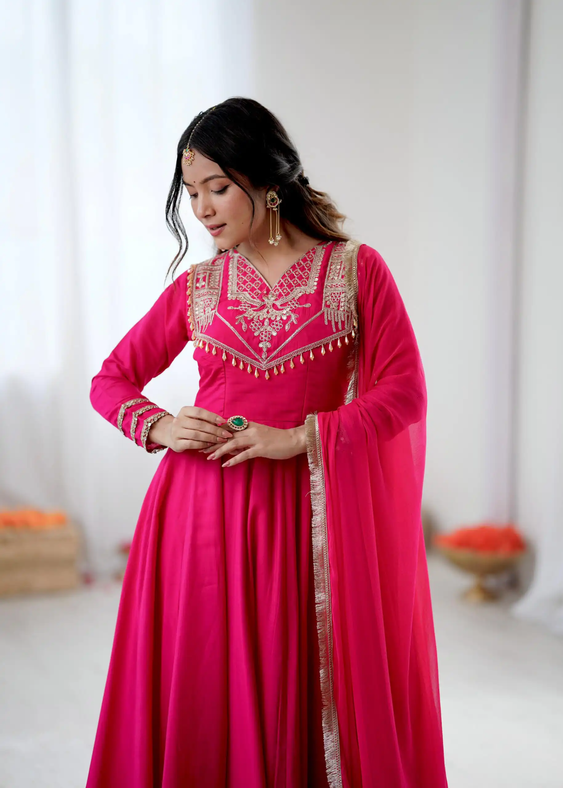 ZSR 3149 Pink Roman silk Gown Perfect for Wedding, Party, Sangeet, Haldi, Lohri – . Introductory Price ₹2099. Delivery 4-6 Working Days. Shop now. | Bollywood Gowns, Creative Gowns, Designer Gowns, Embroidered Gowns, Gowns, Party Wear Gowns