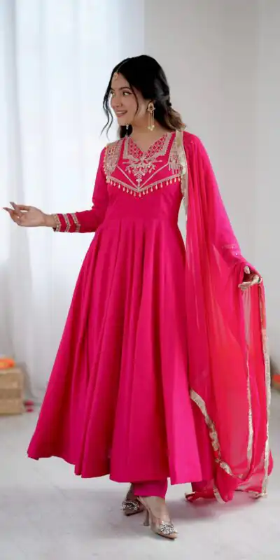 ZSR 3149 Pink Roman silk Gown Perfect for Wedding, Party, Sangeet, Haldi, Lohri – . Introductory Price ₹2099. Delivery 4-6 Working Days. Shop now. | Bollywood Gowns, Creative Gowns, Designer Gowns, Embroidered Gowns, Gowns, Party Wear Gowns