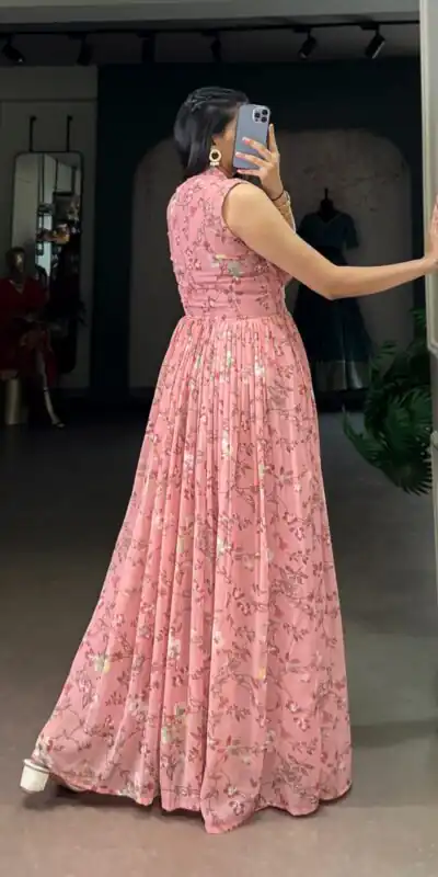 YNF 5200 Pink Color Weightless Marbal Gown with Designer Work. Available at ₹1649 only. Delivery 4-6 Working Days. Shop now. | Bollywood Gowns, Creative Gowns, Designer Gowns, Embroidered Gowns, Gowns, Party Wear Gowns