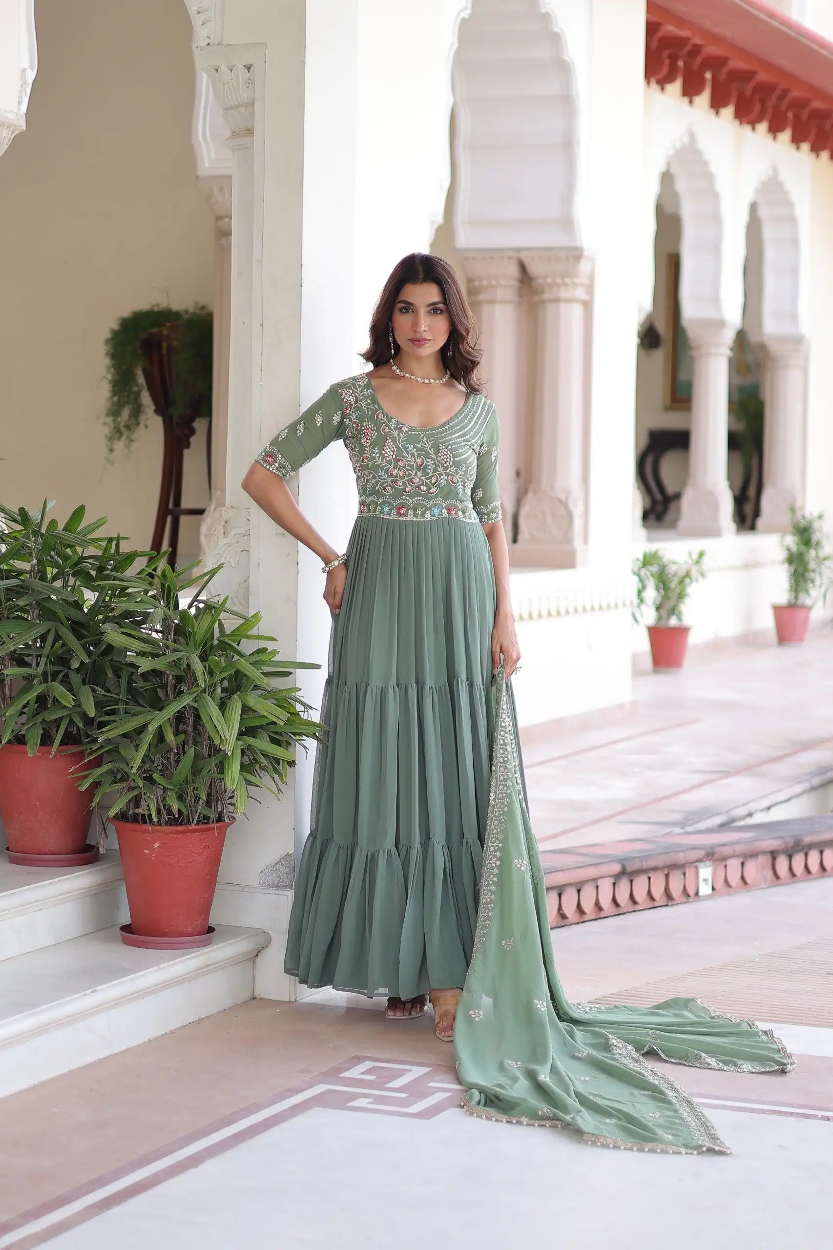 KA 1213 Pista Faux Blooming Gown with Embroidery Work & Sequins Work. Best Price ₹2449. Delivery 4-6 Working Days. Shop now. | Bollywood Gowns, Creative Gowns, Designer Gowns, Embroidered Gowns, Gowns, Party Wear Gowns