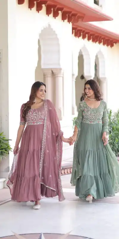 KA 1213 Pista Faux Blooming Gown with Embroidery Work & Sequins Work. Best Price ₹2449. Delivery 4-6 Working Days. Shop now. | Bollywood Gowns, Creative Gowns, Designer Gowns, Embroidered Gowns, Gowns, Party Wear Gowns