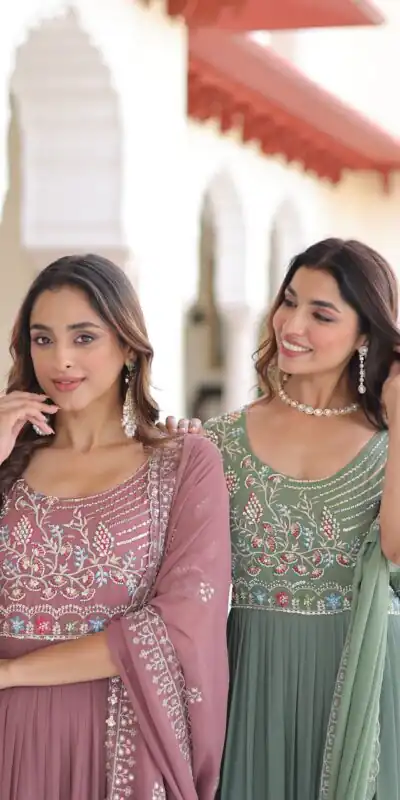 KA 1213 Pista Faux Blooming Gown with Embroidery Work & Sequins Work. Best Price ₹2449. Delivery 4-6 Working Days. Shop now. | Bollywood Gowns, Creative Gowns, Designer Gowns, Embroidered Gowns, Gowns, Party Wear Gowns