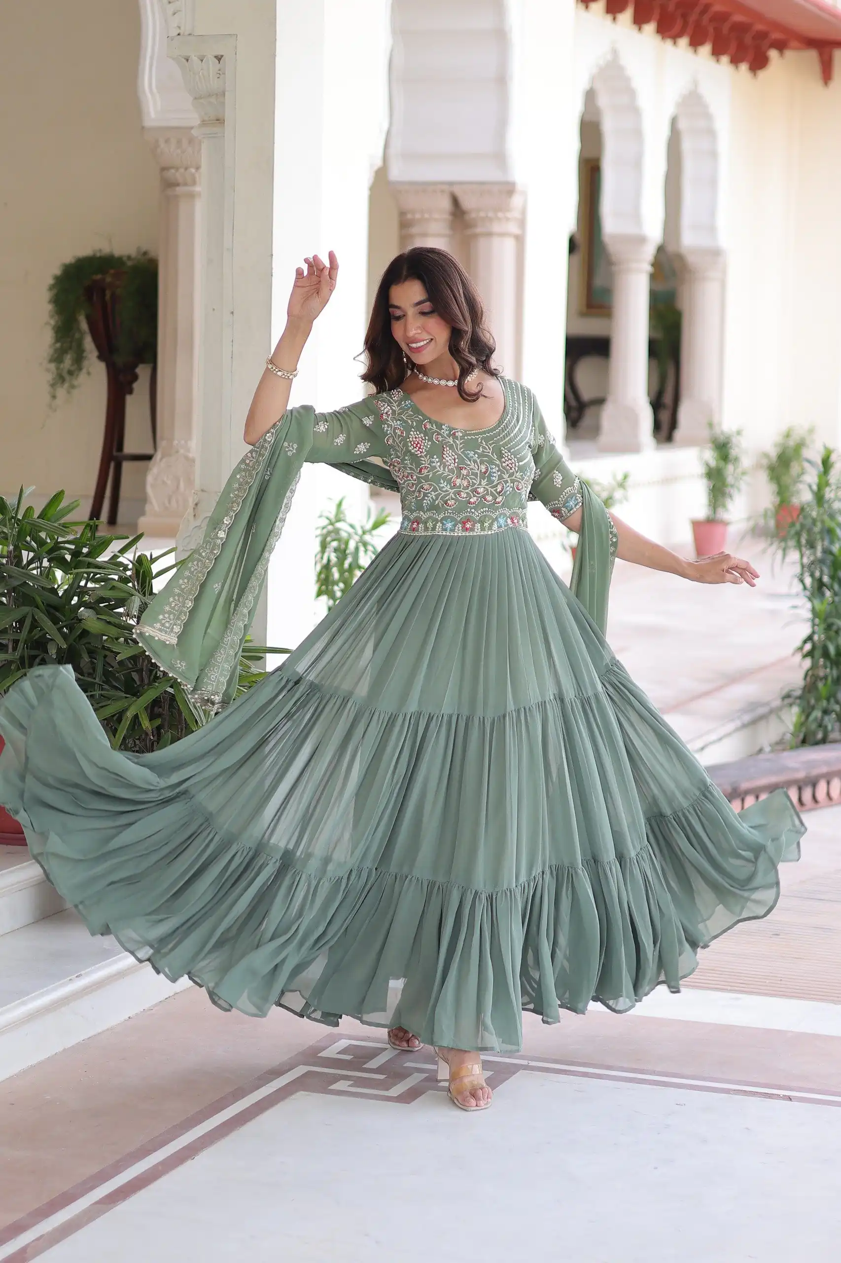 KA 1213 Pista Faux Blooming Gown with Embroidery Work & Sequins Work. Best Price ₹2449. Delivery 4-6 Working Days. Shop now. | Bollywood Gowns, Creative Gowns, Designer Gowns, Embroidered Gowns, Gowns, Party Wear Gowns