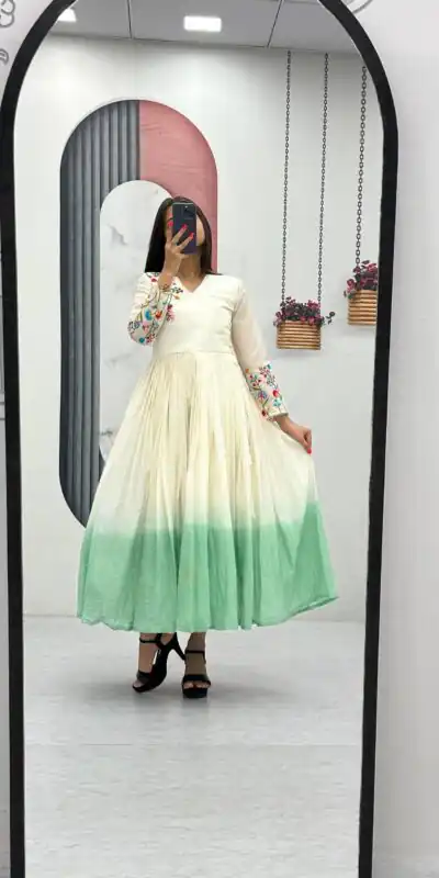 PC 526 Pista Soft Cotton Gown with Embroidery Work. Wedding, Party, Festive, Events, Best Price ₹1749. Delivery 4-6 Working Days. Shop now. | Bollywood Gowns, Creative Gowns, Designer Gowns, Embroidered Gowns, Gowns, Party Wear Gowns