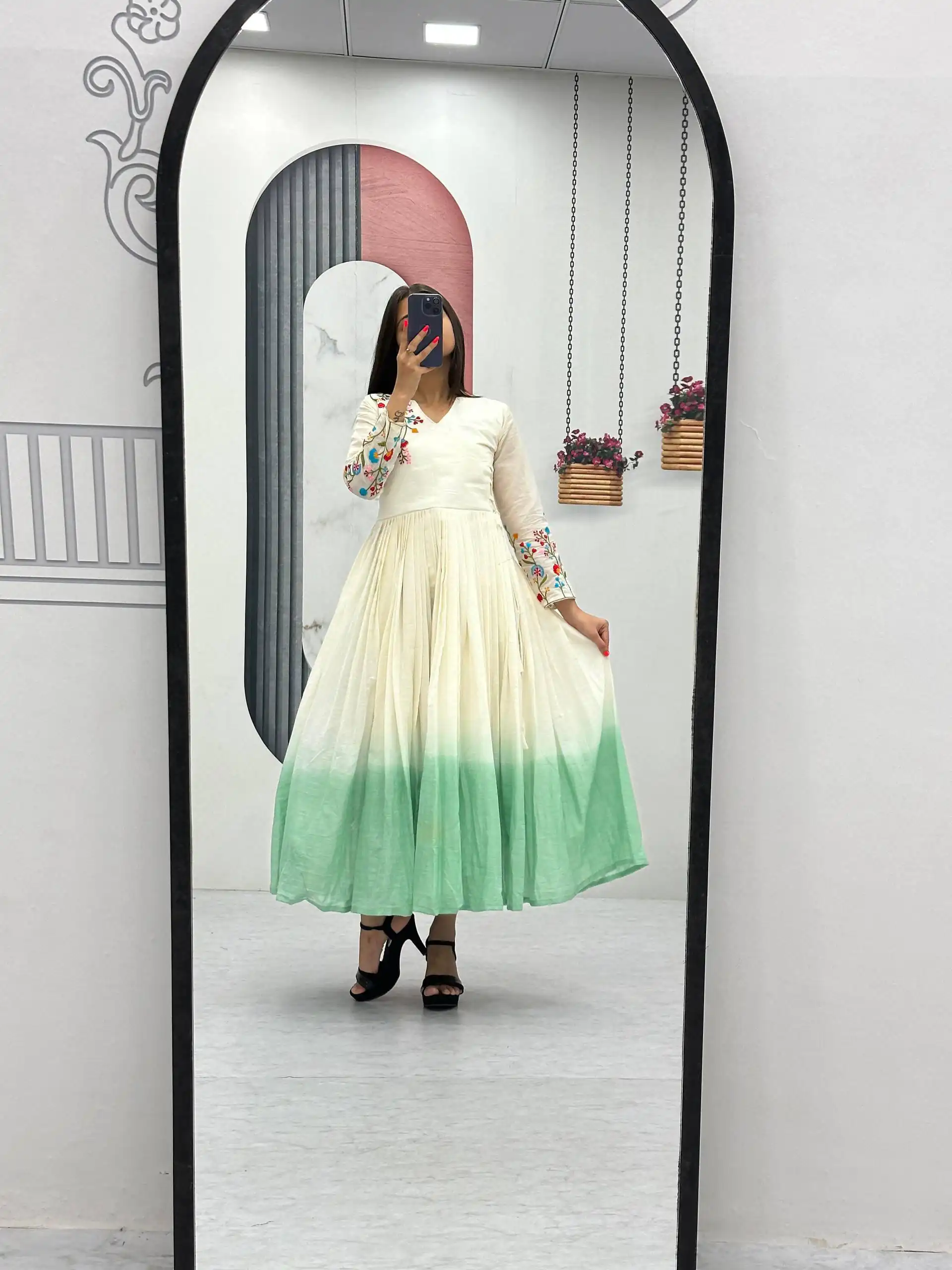 PC 526 Pista Soft Cotton Gown with Embroidery Work. Wedding, Party, Festive, Events, Best Price ₹1749. Delivery 4-6 Working Days. Shop now. | Bollywood Gowns, Creative Gowns, Designer Gowns, Embroidered Gowns, Gowns, Party Wear Gowns