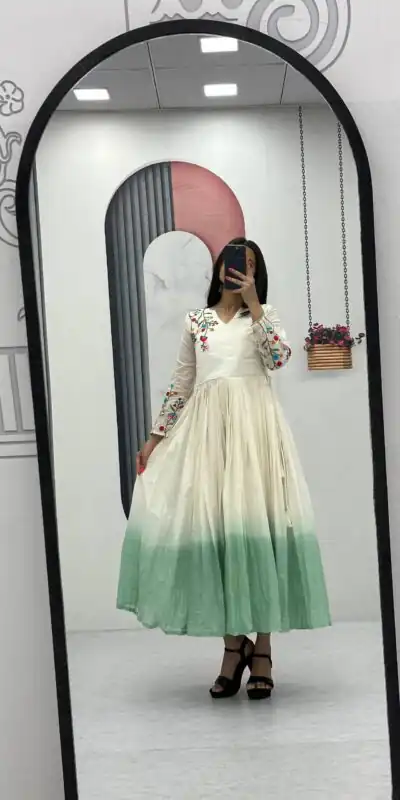 PC 526 Pista Soft Cotton Gown with Embroidery Work. Wedding, Party, Festive, Events, Best Price ₹1749. Delivery 4-6 Working Days. Shop now. | Bollywood Gowns, Creative Gowns, Designer Gowns, Embroidered Gowns, Gowns, Party Wear Gowns