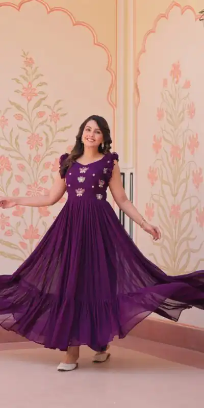 KA 1174 Purple Faux Blooming Gown Perfect for Wedding, Party, Housewarming, Baby Shower, Raksha Bandhan – . Now at just ₹1699. Delivery 4-6 Working Dasy | Bollywood Gowns, Creative Gowns, Designer Gowns, Embroidered Gowns, Gowns, Party Wear Gowns