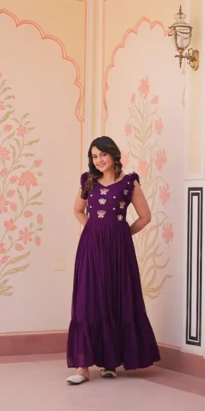 KA 1174 Purple Faux Blooming Gown Perfect for Wedding, Party, Housewarming, Baby Shower, Raksha Bandhan – . Now at just ₹1699. Delivery 4-6 Working Dasy | Bollywood Gowns, Creative Gowns, Designer Gowns, Embroidered Gowns, Gowns, Party Wear Gowns