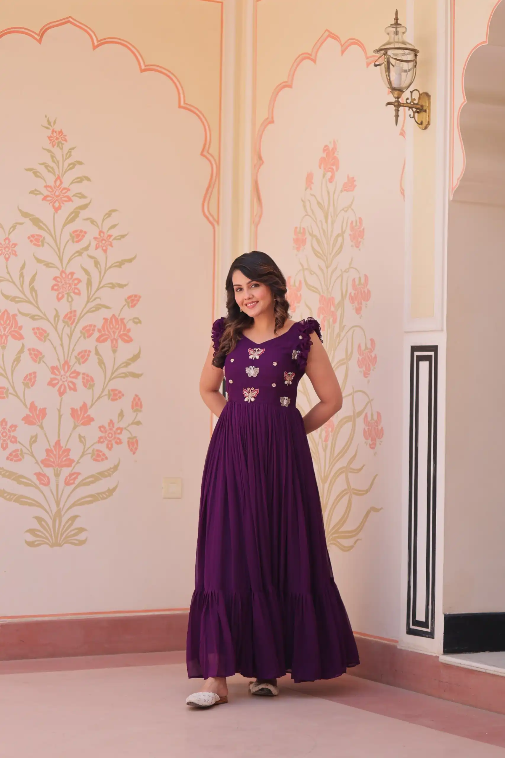 KA 1174 Purple Faux Blooming Gown Perfect for Wedding, Party, Housewarming, Baby Shower, Raksha Bandhan – . Now at just ₹1699. Delivery 4-6 Working Dasy | Bollywood Gowns, Creative Gowns, Designer Gowns, Embroidered Gowns, Gowns, Party Wear Gowns