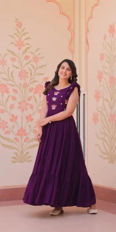 KA 1174 Purple Faux Blooming Gown Perfect for Wedding, Party, Housewarming, Baby Shower, Raksha Bandhan – . Now at just ₹1699. Delivery 4-6 Working Dasy | Bollywood Gowns, Creative Gowns, Designer Gowns, Embroidered Gowns, Gowns, Party Wear Gowns